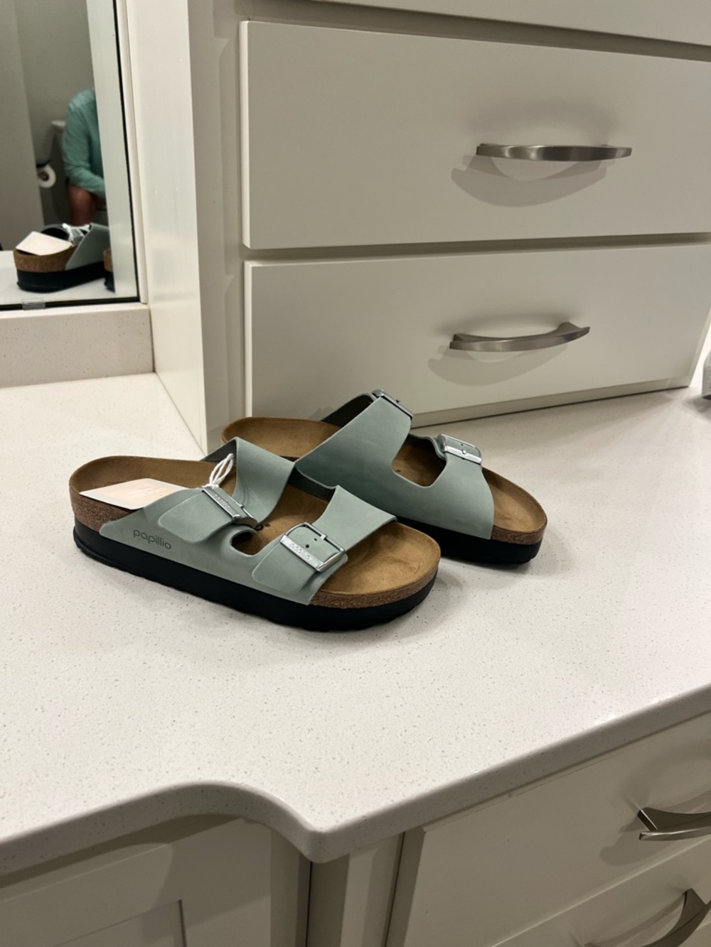 Birkenstock Arizona Two-Strap Sandals in Sage Green with Black Sole